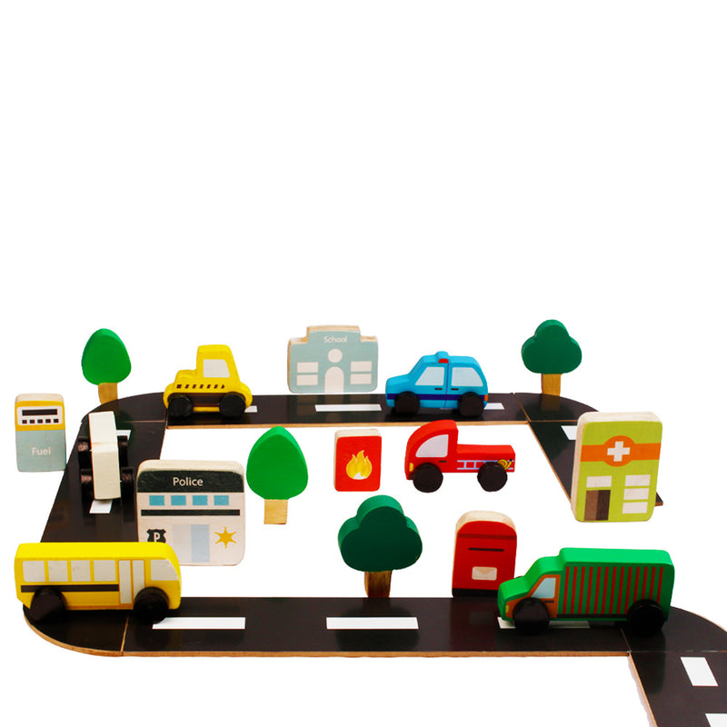 Build a Community Town - 6 Community Vehicles + 6 Community Buildings + Roads + Trees - Set Of 28 pieces