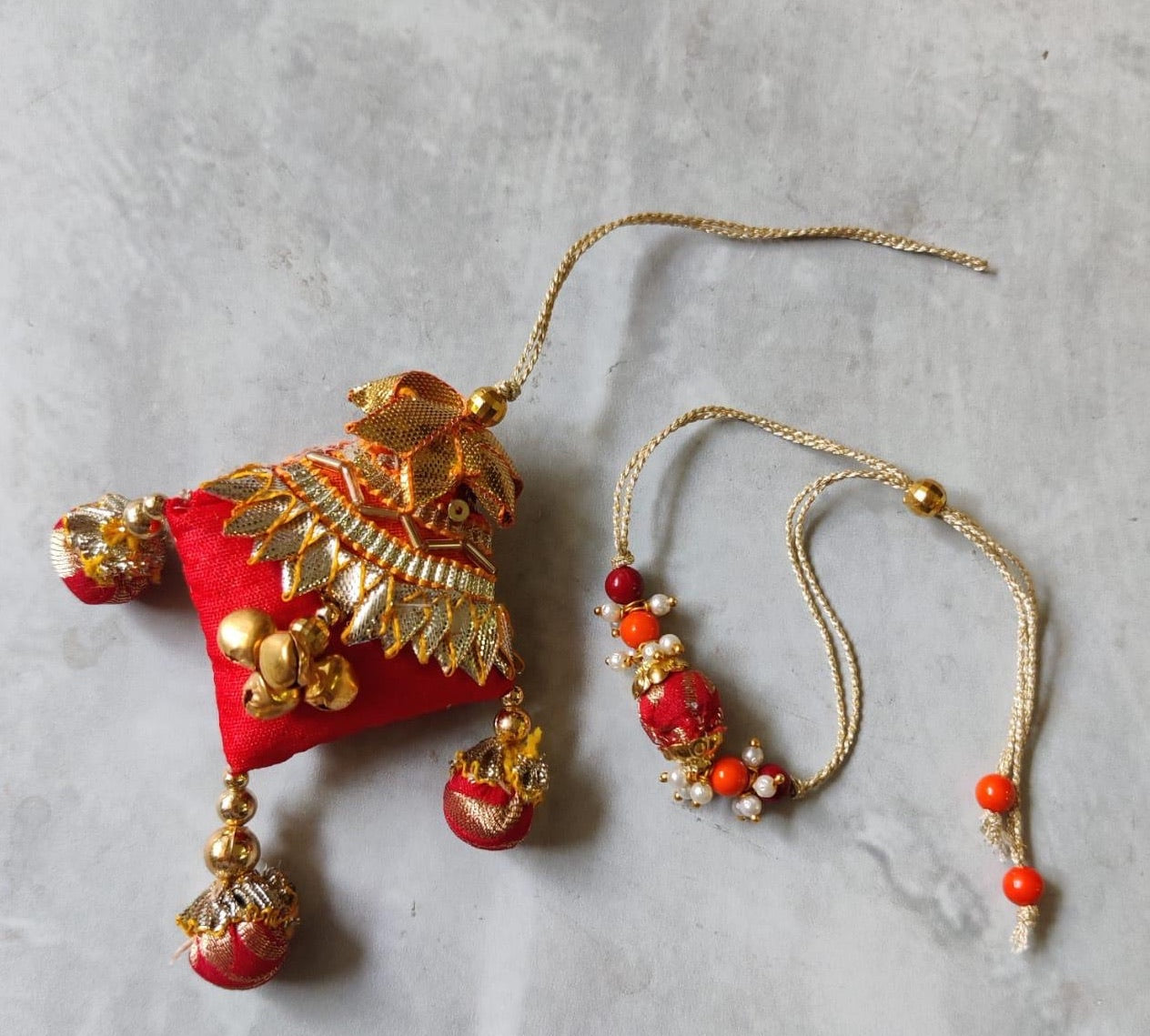"Noor" Gota Patti Rakhi and Lumba Set ( Red )